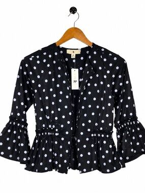NWT Iky & Me Women’s Small Black White Polka Dot Peplum Bell Sleeve Open Front